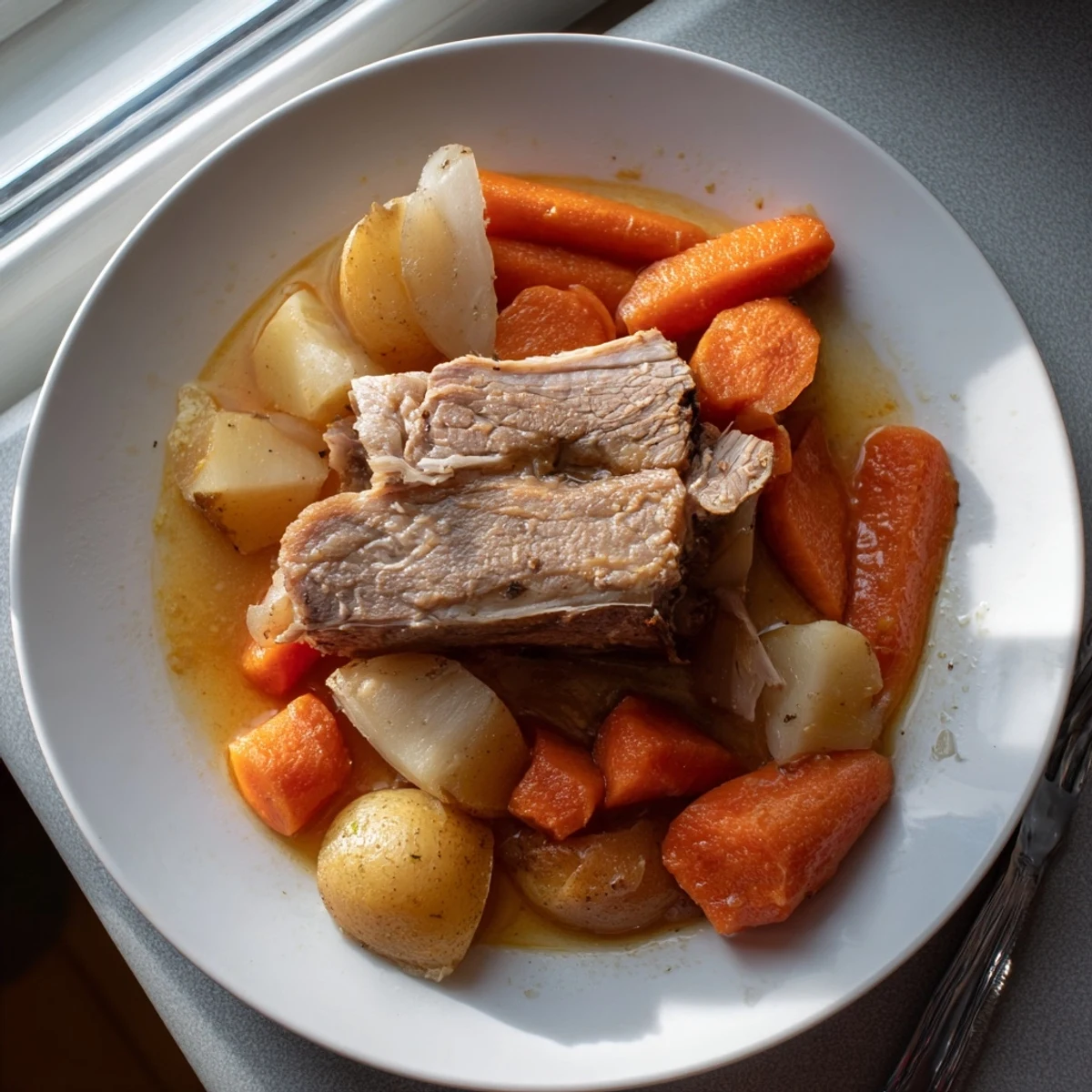 Hearty braised pork shoulder with vibrant root vegetables in savory broth.  