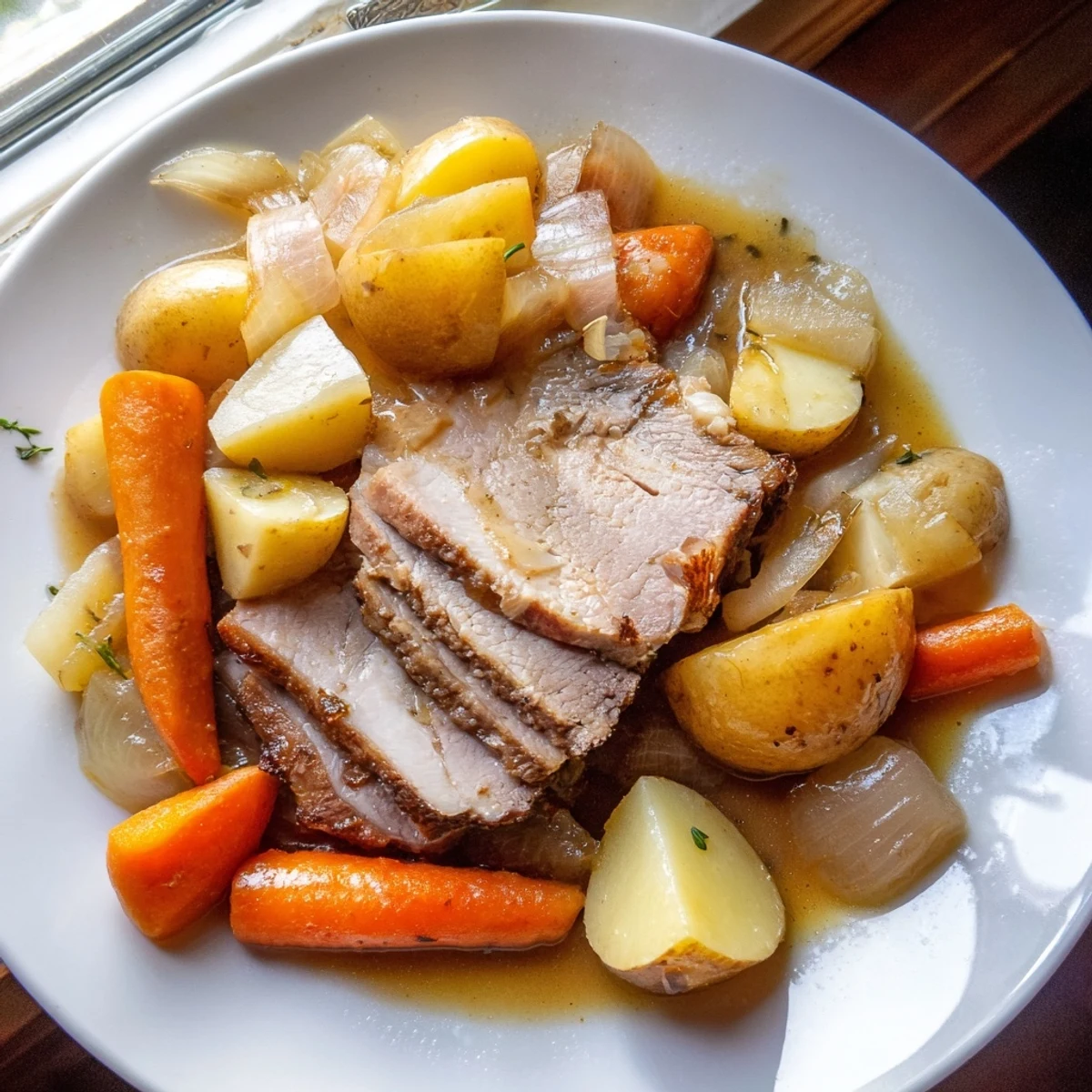 Comforting braised pork shoulder dish featuring golden root vegetables and fresh herbs.