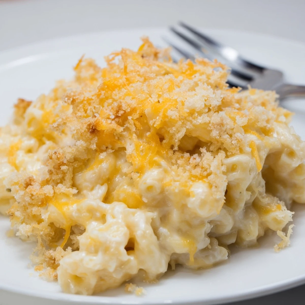 Creamy Classic Baked Macaroni and Cheese topped with golden panko and cheddar.  