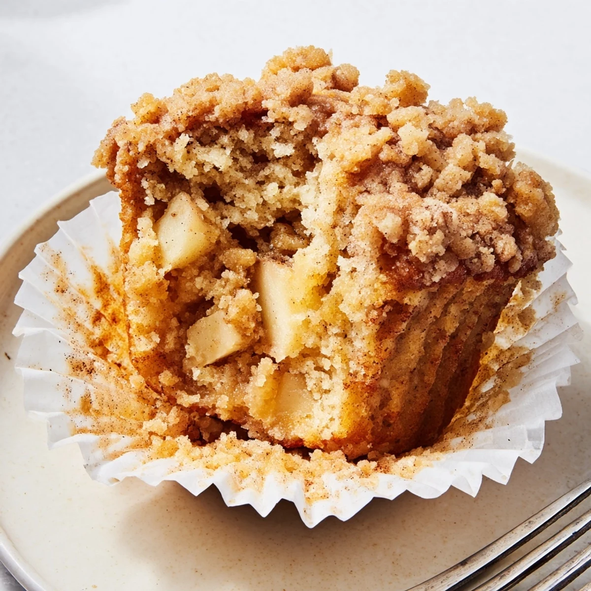 Fluffy Cinnamon Apple Streusel Muffins topped with buttery crumb for breakfast delight.  