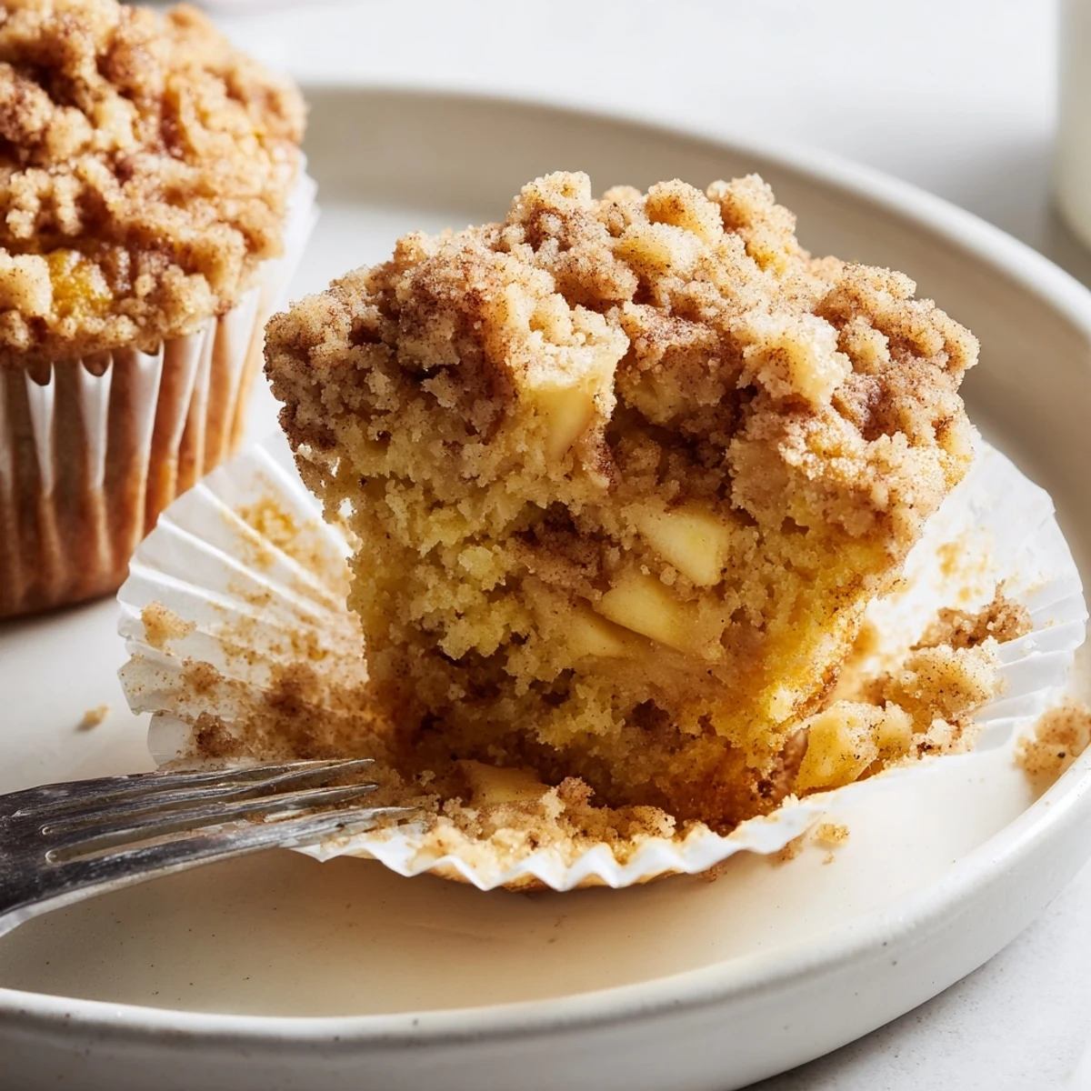 Delicious Cinnamon Apple Streusel Muffins with a crunchy topping, perfect for a snack.