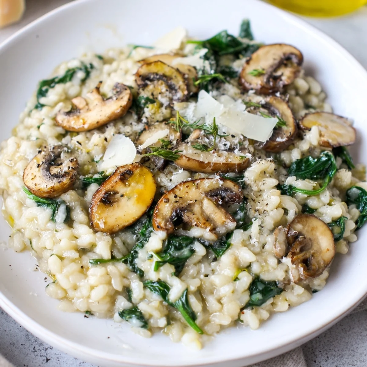 Creamy Mushroom and Spinach Risotto topped with Parmesan, perfect for a hearty dinner.  