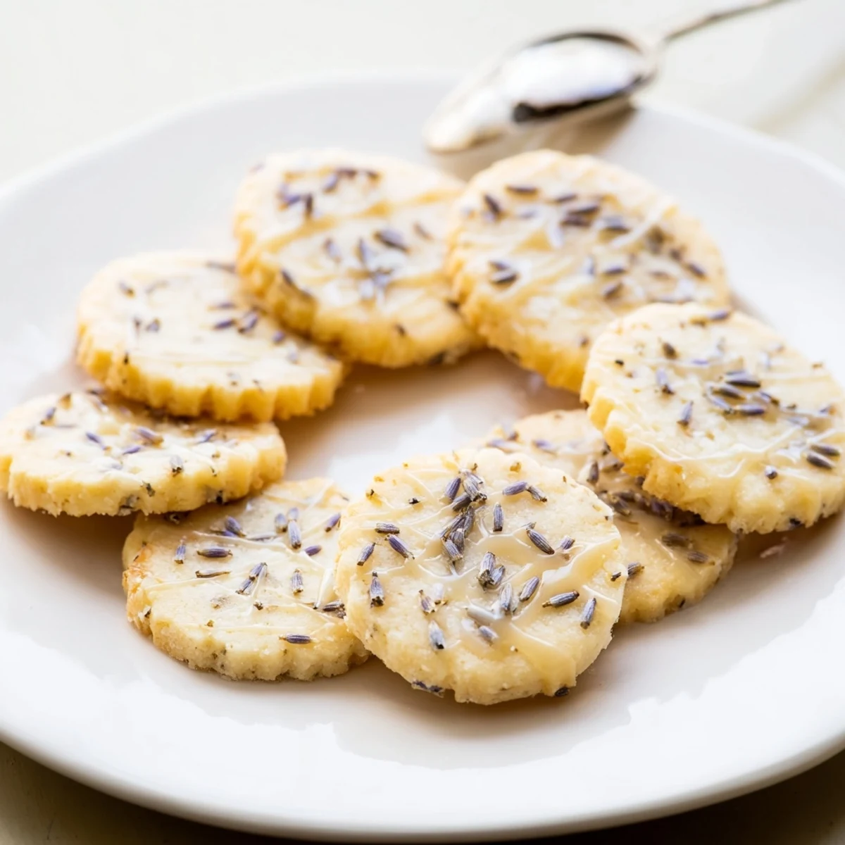 Delicate lavender honey shortbread cookies with a golden edge, perfect for tea time.  