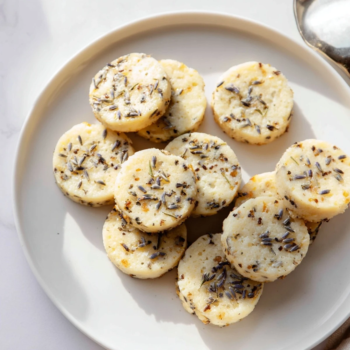 Buttery lavender honey shortbread cookies, beautifully arranged on a festive serving platter.  
