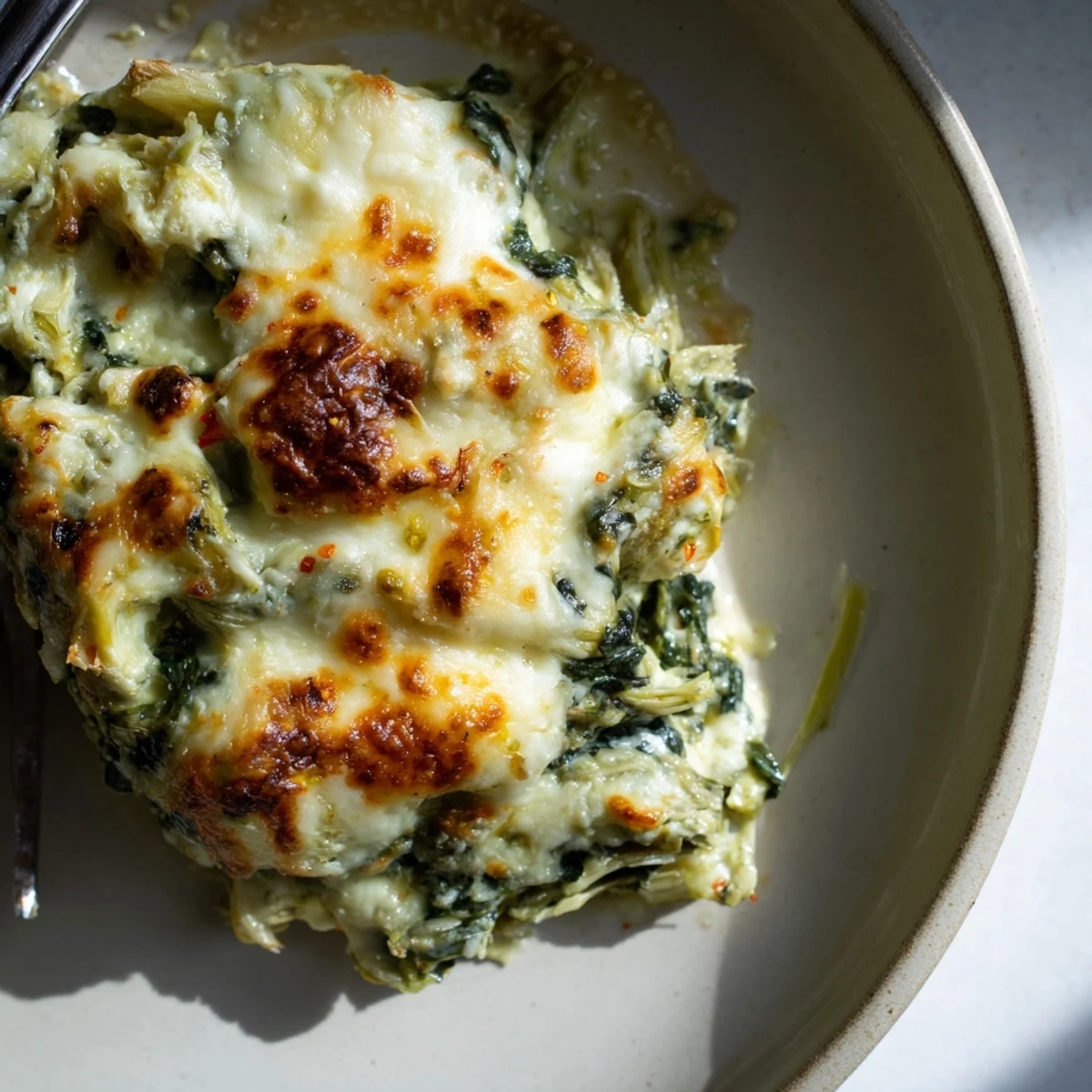 Decadent Cheesy Spinach and Artichoke Bake served warm, inviting everyone to indulge in its richness.