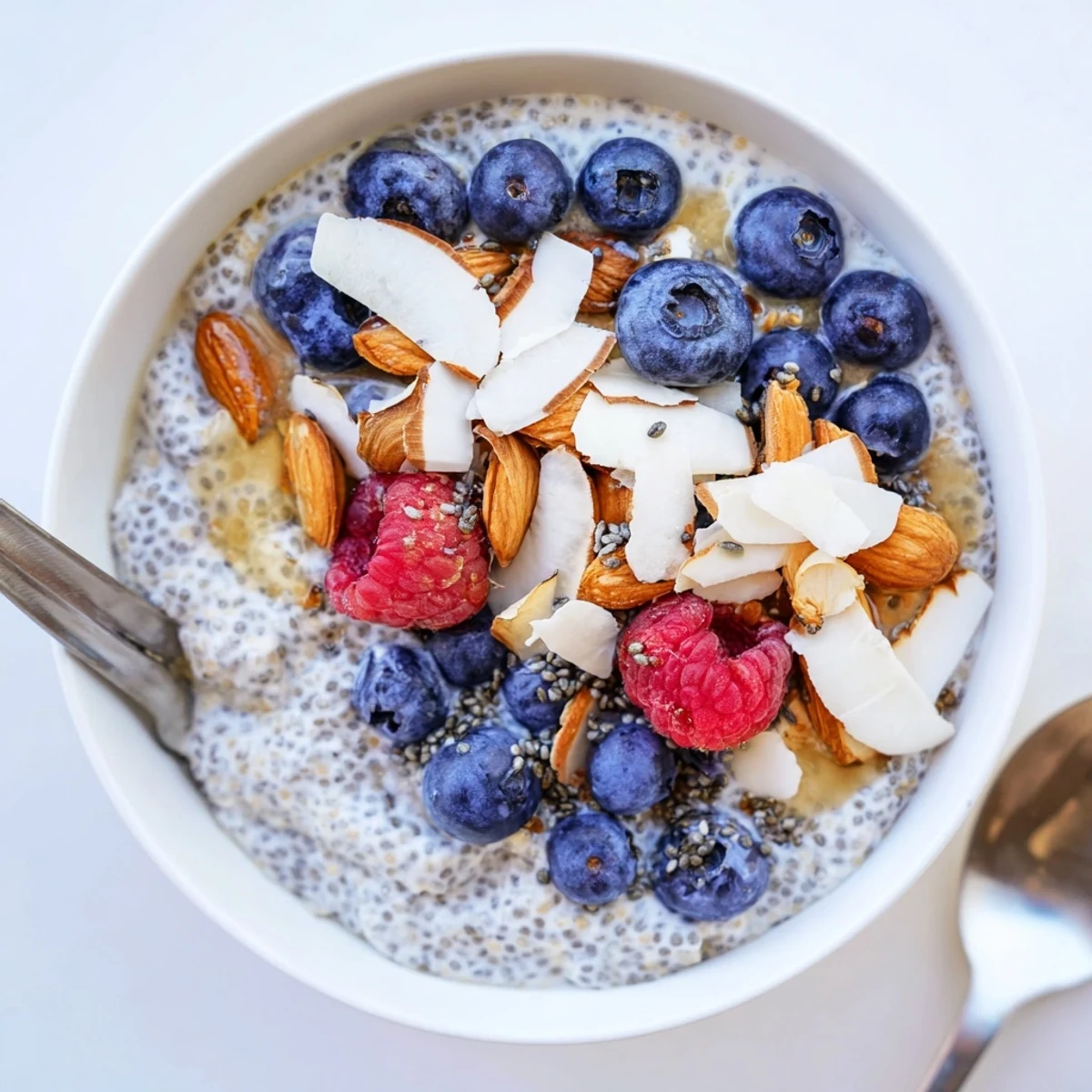 Creamy vanilla bean chia seed pudding topped with fresh berries and almonds.  