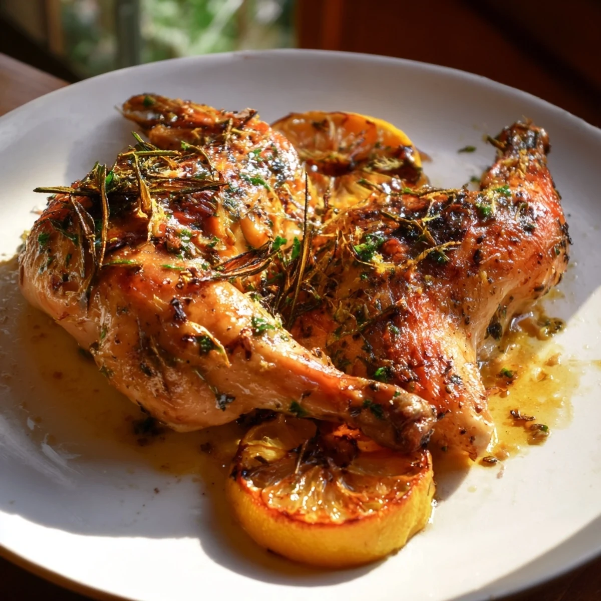 Aromatic Lemon Herb Roasted Chicken with Garlic, surrounded by roasted vegetables for a feast.