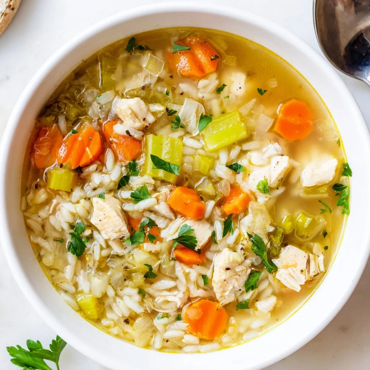 A steaming bowl of One-Pot Chicken and Rice Soup garnished with fresh parsley bites.  
