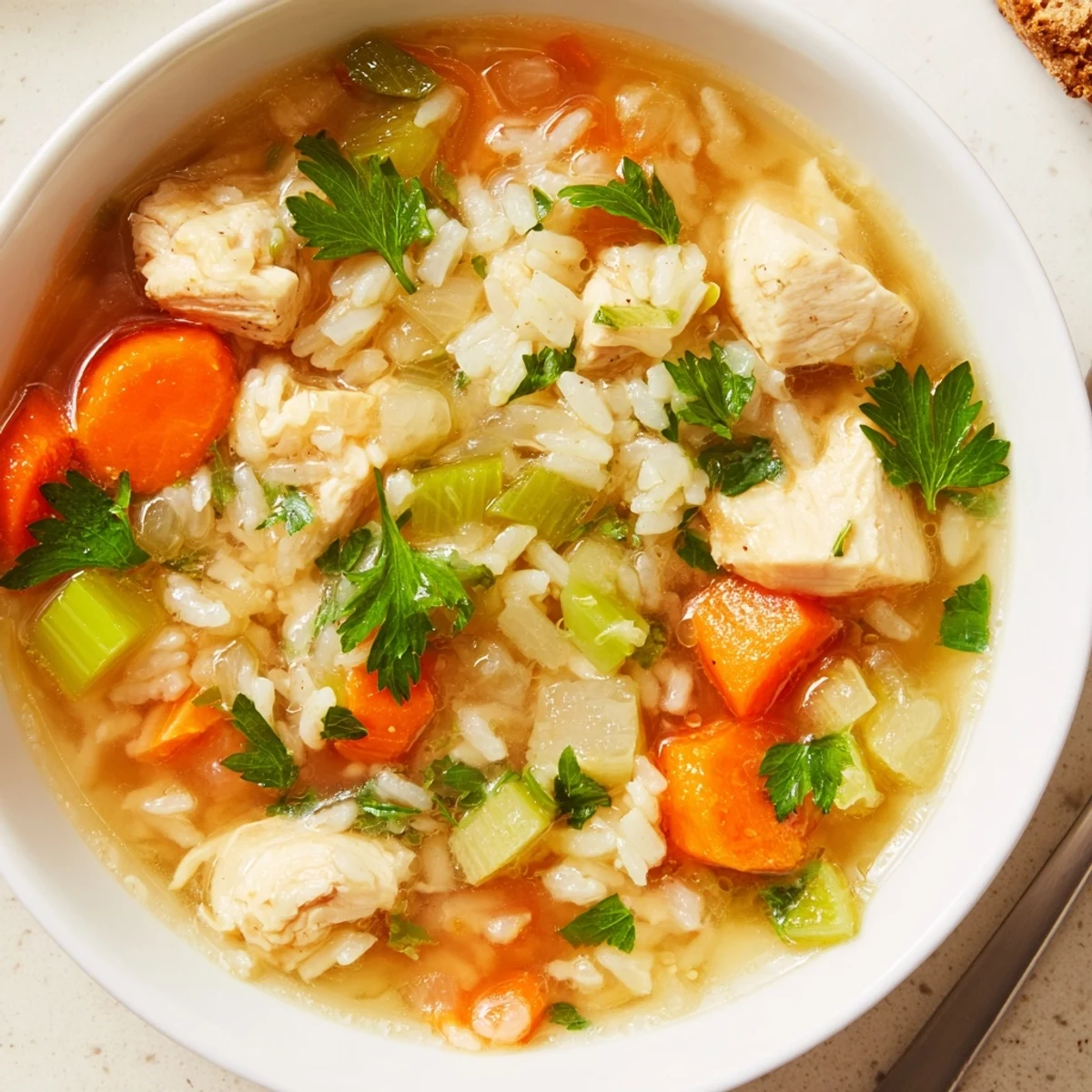 Vibrant vegetables and tender chicken in homemade One-Pot Chicken and Rice Soup.
