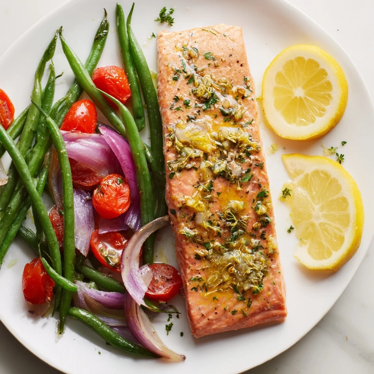 Juicy Easy One-Pan Lemon Garlic Salmon garnished with fresh herbs and lemon wedges.  