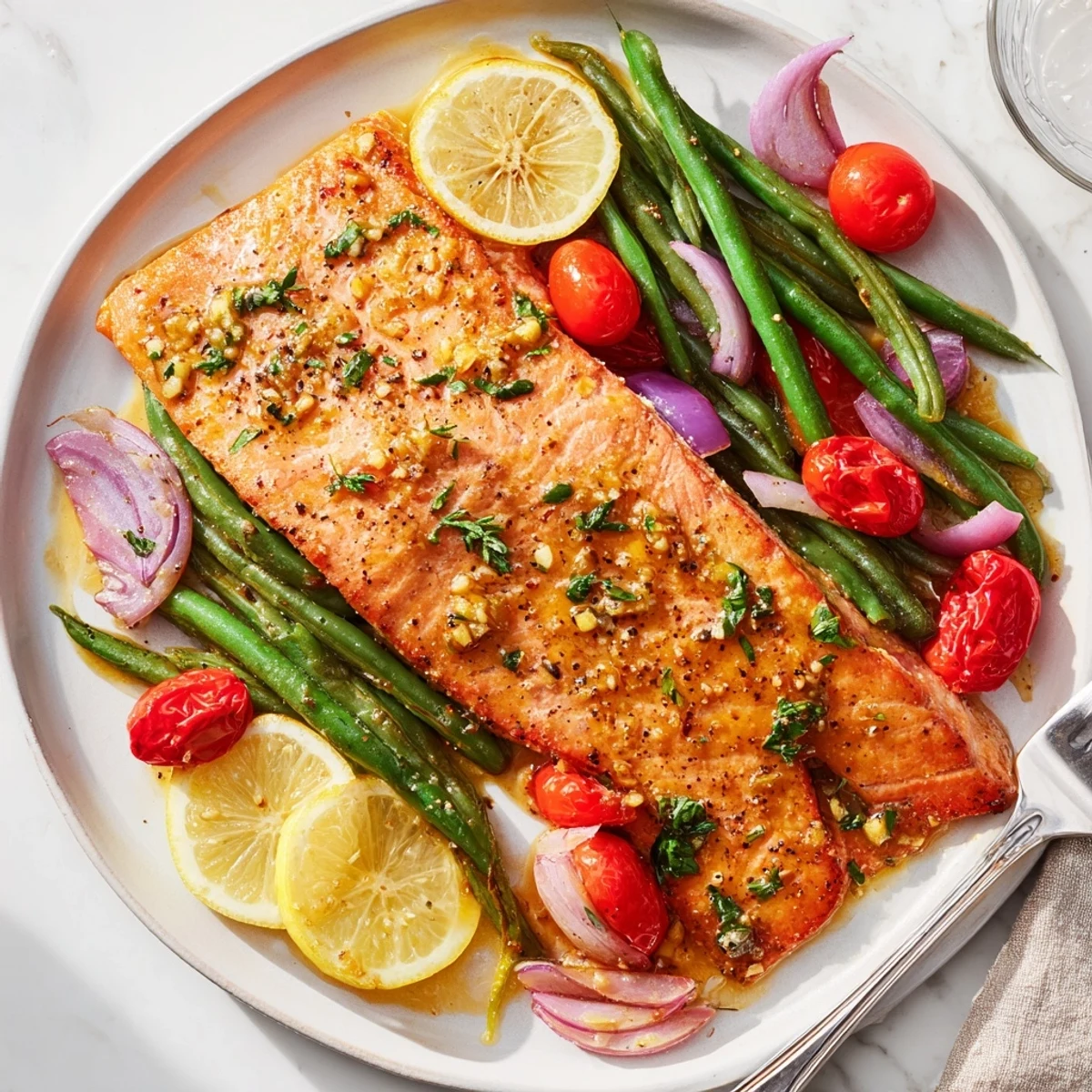 Delicious Easy One-Pan Lemon Garlic Salmon with vibrant veggies, ready in 25 minutes.  