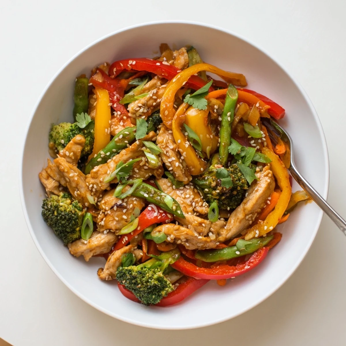Spicy Chicken and Veggie Stir-Fry filled with vibrant peppers and tender chicken strips.  
