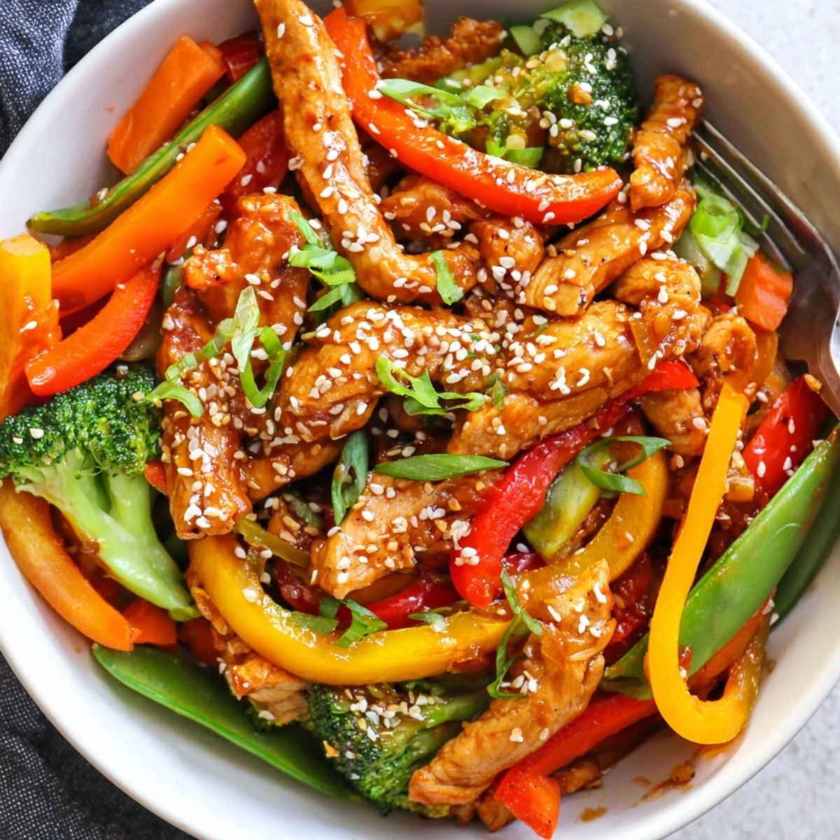 A colorful bowl of Spicy Chicken and Veggie Stir-Fry topped with fresh cilantro.  