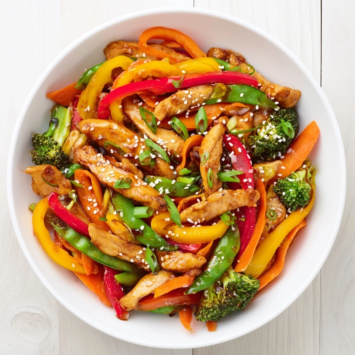 Savory Spicy Chicken and Veggie Stir-Fry showcasing crisp vegetables in bold sauce.