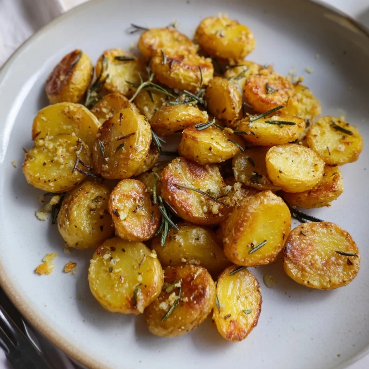 Savory rosemary garlic roasted potatoes served hot, perfect as a delightful side dish.  