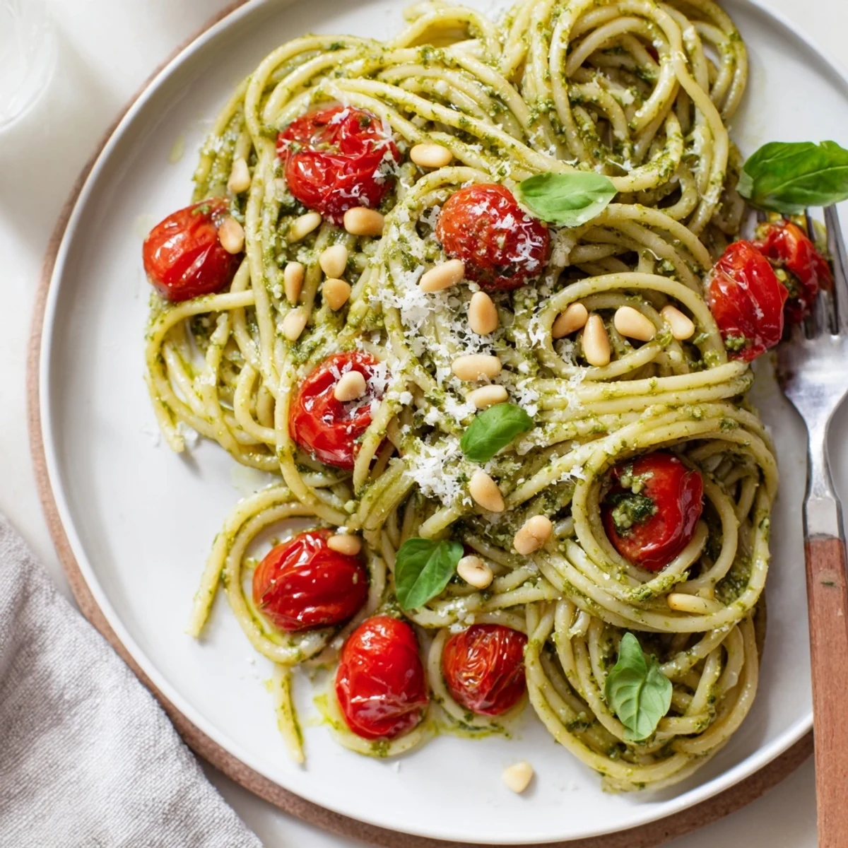 Colorful bowl of Fresh Basil Pesto Pasta with Cherry Tomatoes, highlighting zesty basil flavors.  