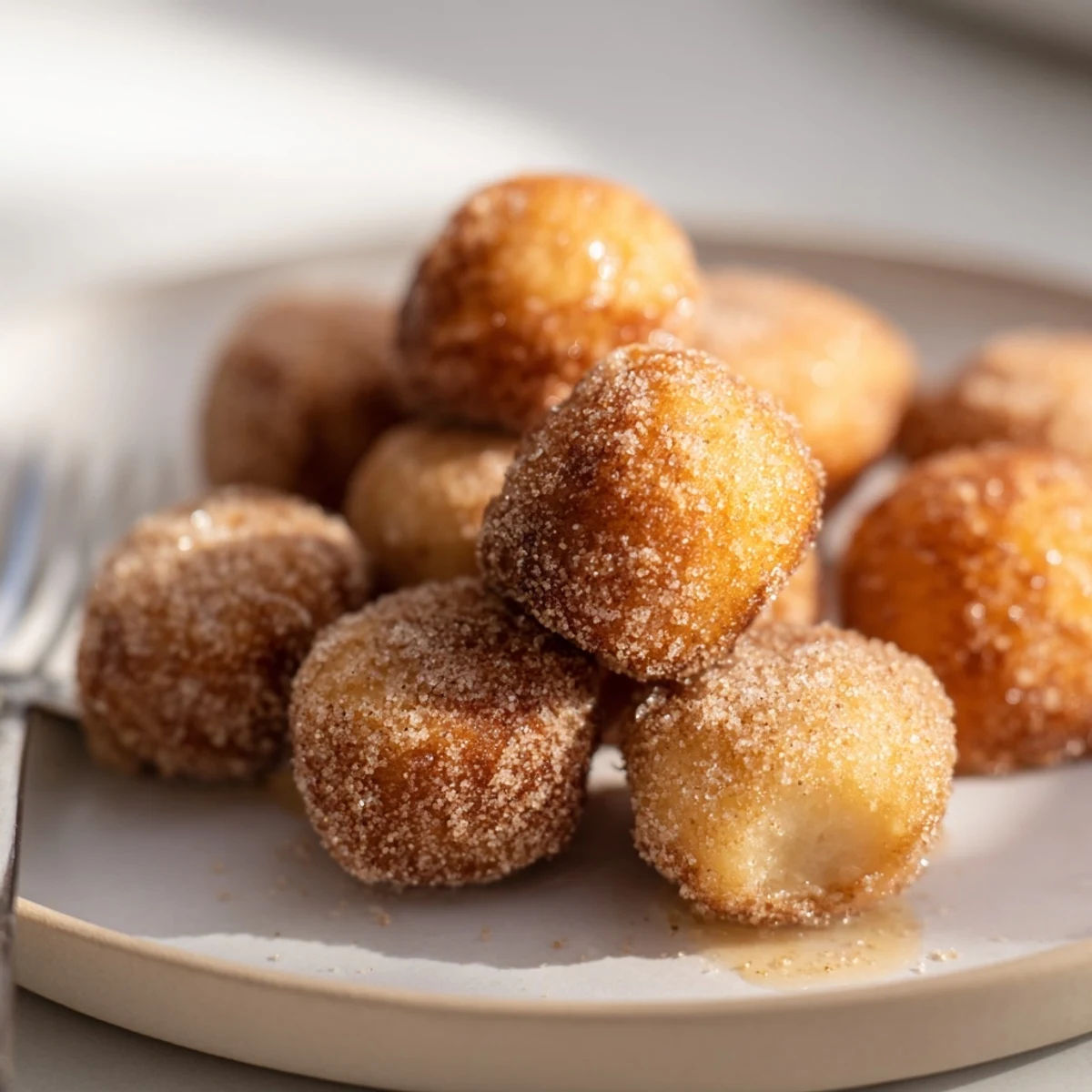 Warm Cinnamon Sugar Donut Holes drizzled with melted butter, ideal for breakfast or dessert.  