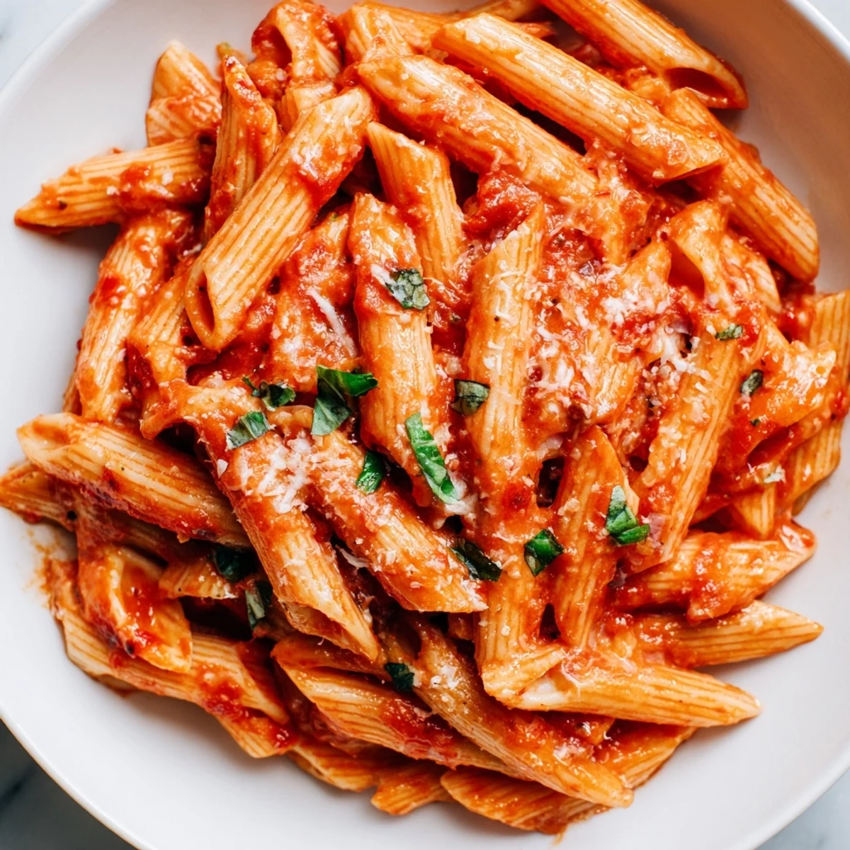 A creamy tomato basil pasta dish garnished with fresh basil and Parmesan.