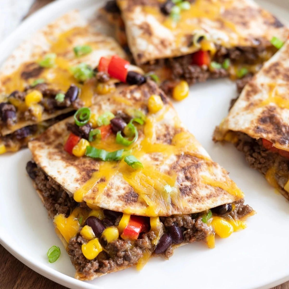Sheet pan quesadillas with beef: Cheesy, golden-brown tortilla filled with savory beef and vegetables.
