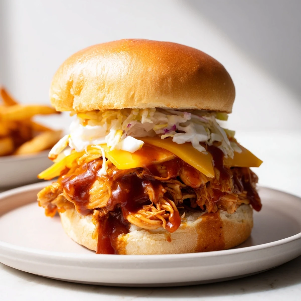 Tender BBQ Chicken Sliders piled high, served with a generous portion of golden crispy fries.