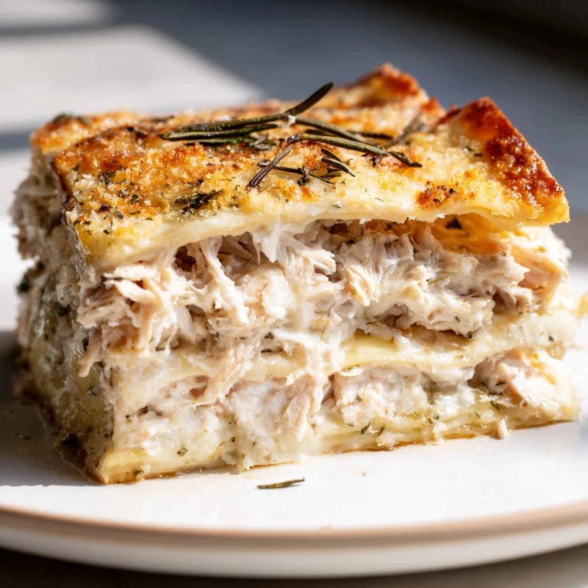 Golden, bubbly Rosemary Chicken Lasagna fresh from the oven, ready to be devoured.