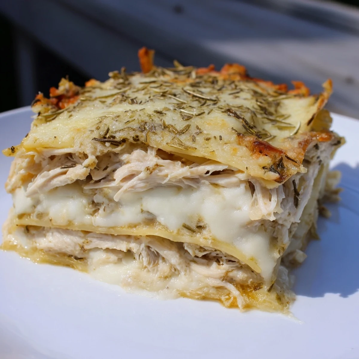 This warm, comforting Rosemary Chicken Lasagna features layers of creamy cheese and savory chicken.
