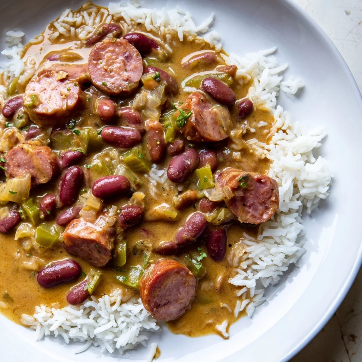 A close-up of hearty Red Beans & Rice, garnished with fresh green onions and served over rice.