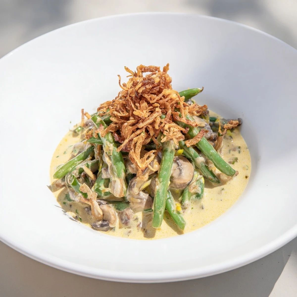 A bubbling baking dish of Old-School Green Bean Casserole, a comforting side topped with crispy onions.