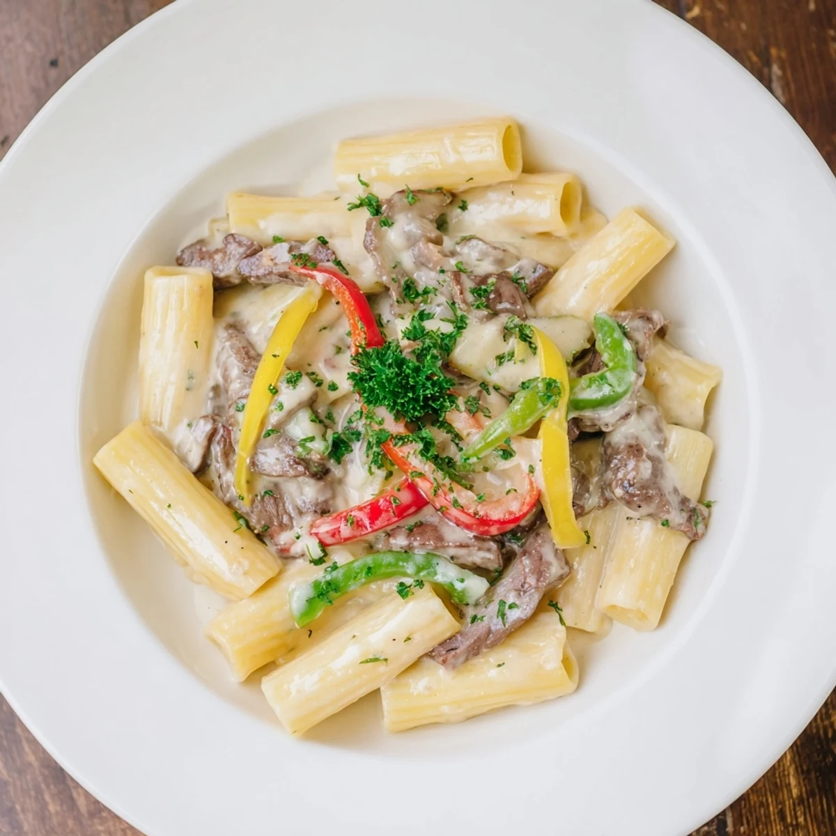 Enjoy a delicious bowl of Philly Cheesesteak Pasta with perfectly cooked pasta and flavorful steak.