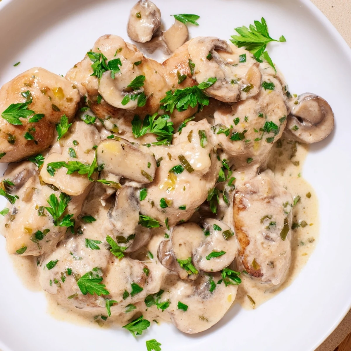 Picture this: steaming plate of Creamy Chicken Stroganoff, served alongside fluffy egg noodles, ready to eat.