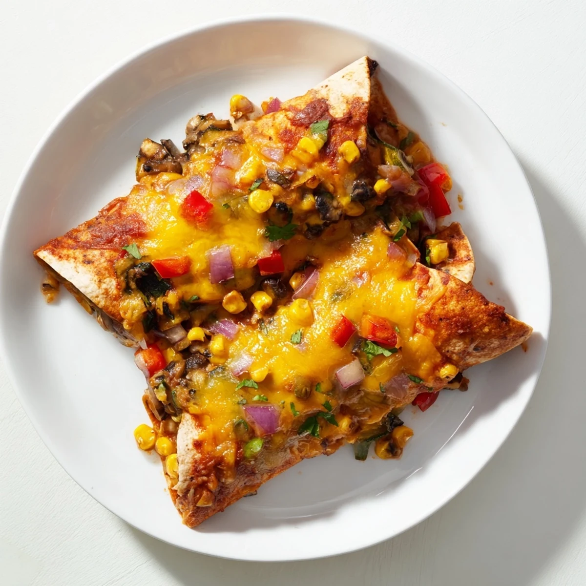 Farmers Market Vegetarian Enchiladas bubbling with cheese and a vibrant, vegetable-packed filling, ready to serve!