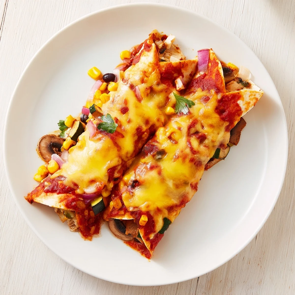 Golden-brown Farmers Market Vegetarian Enchiladas, baked with a rich homemade sauce and fresh toppings, look delicious.
