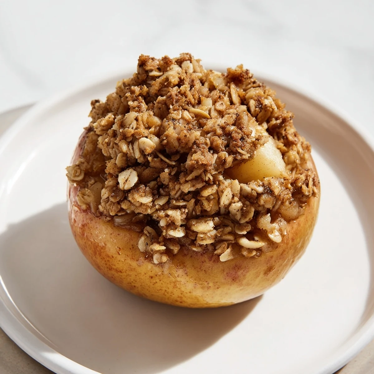 Golden baked apples with oat-nut crumble, offering a comforting aroma and sweet, cinnamony flavor.