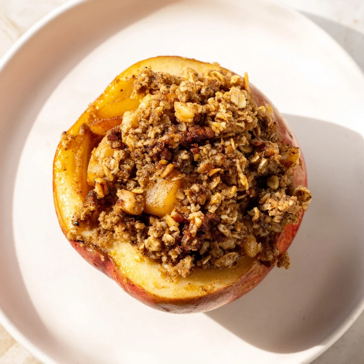 A photo shows warm Baked Apples with Oat-Nut Crumble, ready to be served, a perfect autumn dessert.