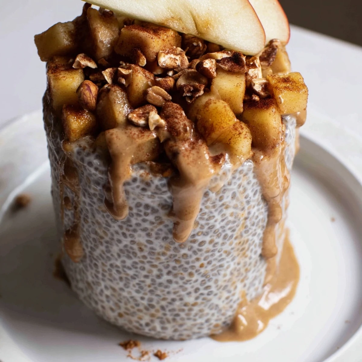 A beautiful serving of Apple-Chia Pudding, topped with peanut pieces and featuring peanut butter swirls.