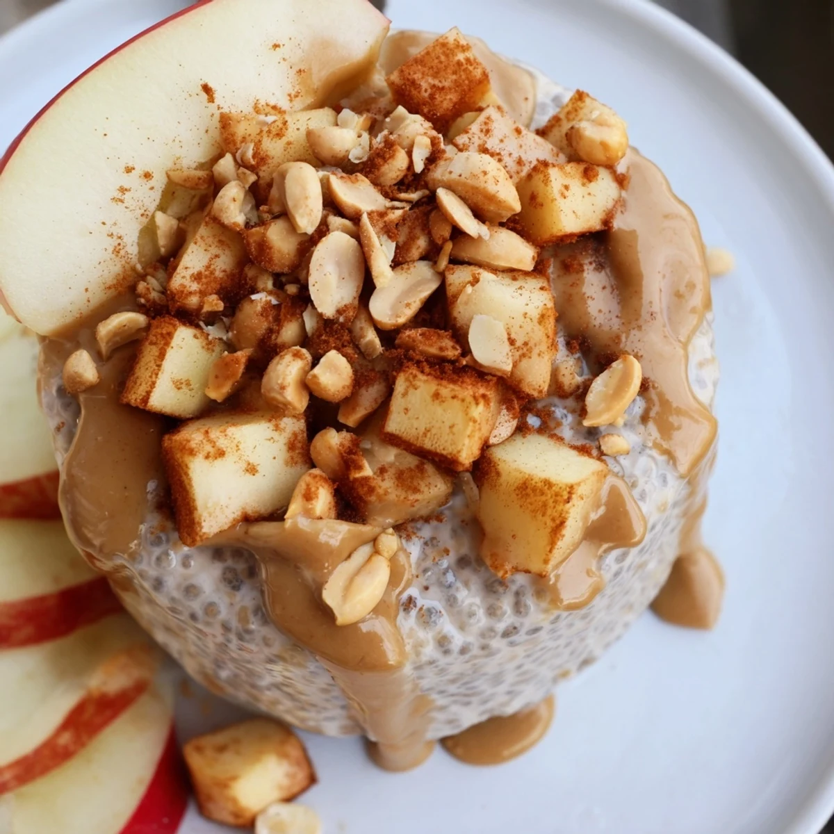 This healthy Apple-Chia Pudding is layered with peanut butter and apples, perfect for breakfast.