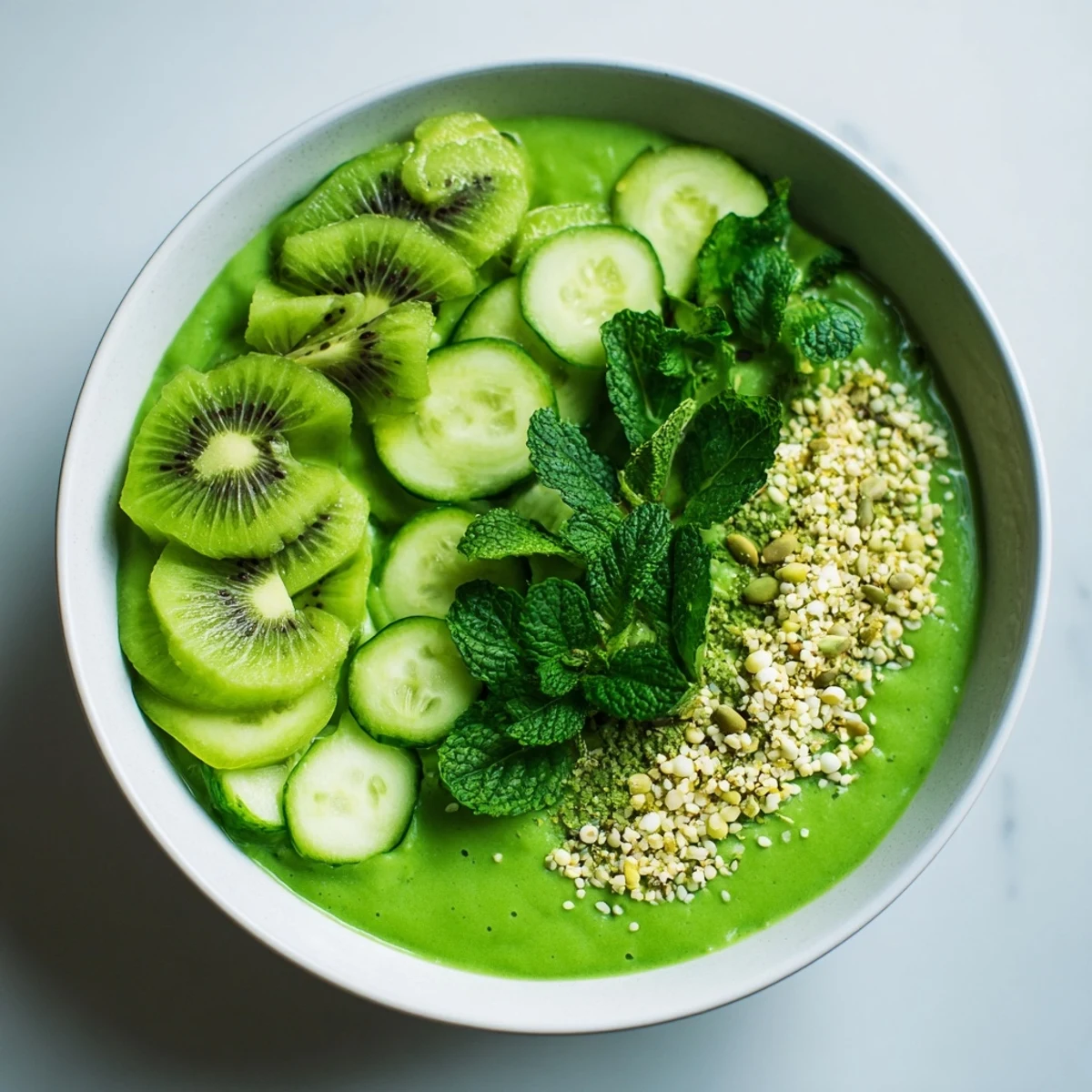 Creamy, thick Green Smoothie Bowl with visible kiwi slices, awaiting a delicious and healthy breakfast.