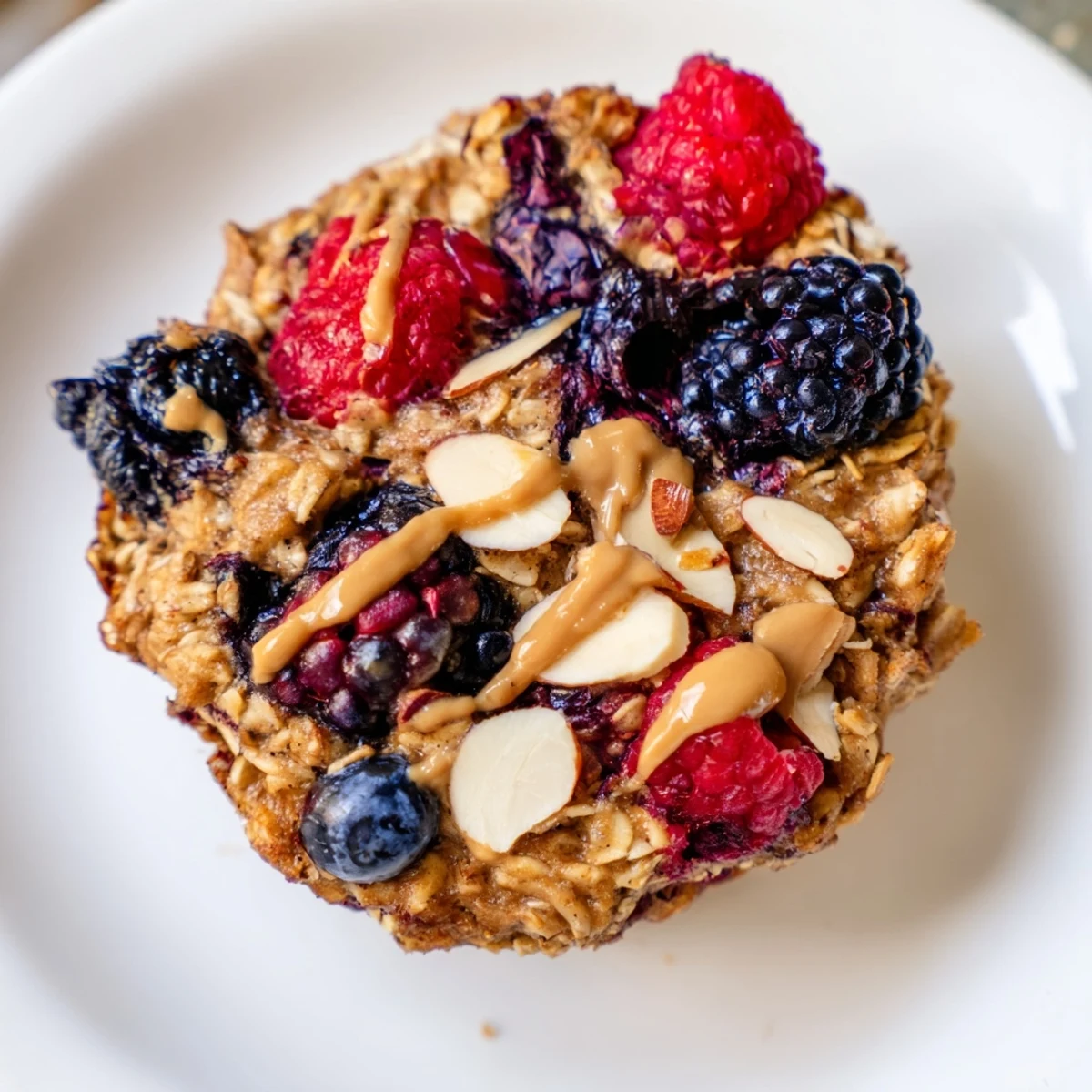 Warm, golden baked oatmeal cups with winter berries, a healthy breakfast made from scratch.