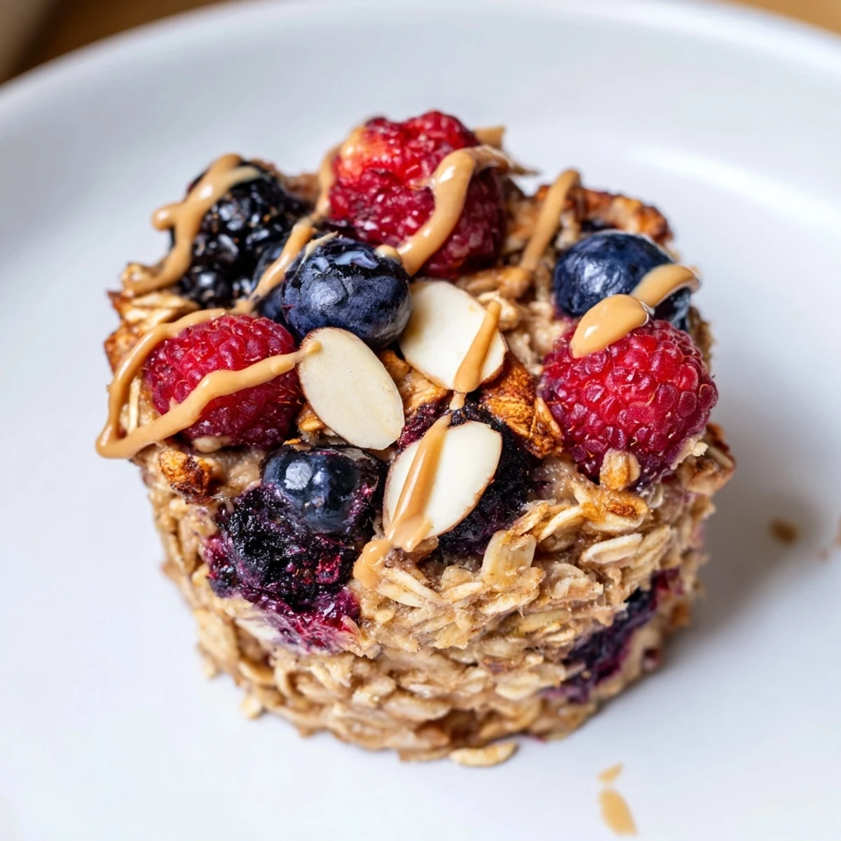 A close-up of fluffy baked oatmeal cups studded with vibrant berries and creamy almond butter.