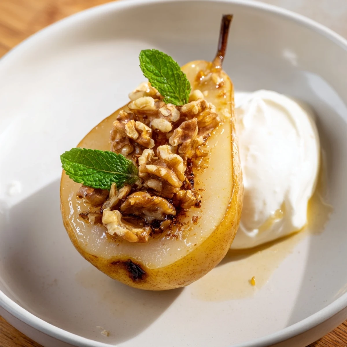 Golden roasted pears with cinnamon, walnuts, and Greek yogurt, a healthy dessert ready to eat.