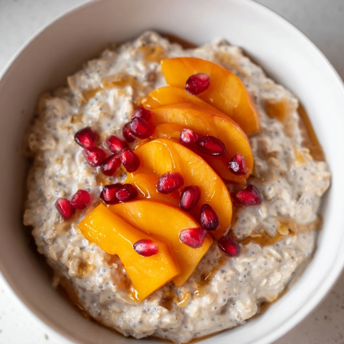 Overnight Oats with Persimmon, a delightful breakfast topped with juicy pomegranate and chia seeds.