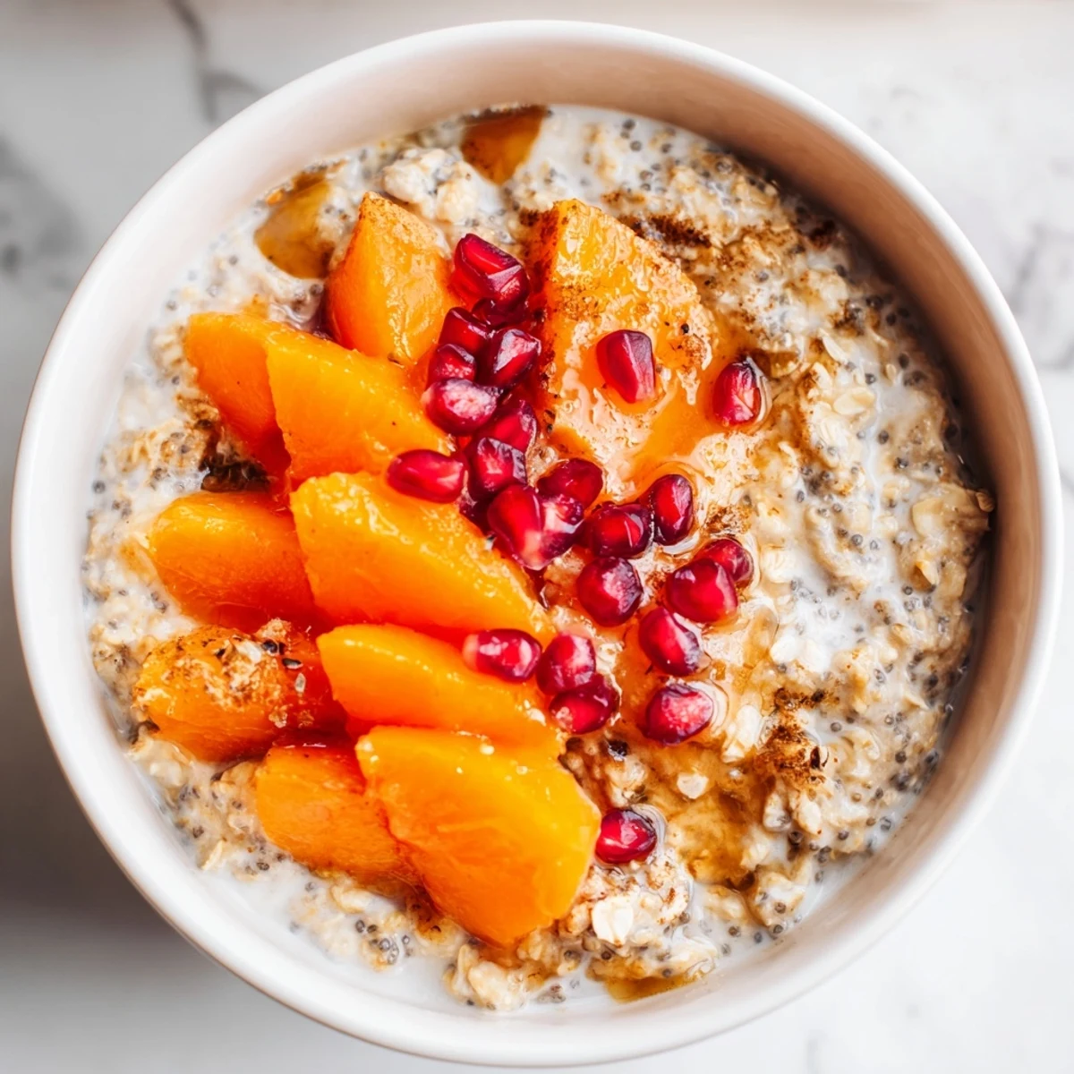 A vibrant bowl of Overnight Oats with Persimmon, drizzled with honey and bursting with flavor.