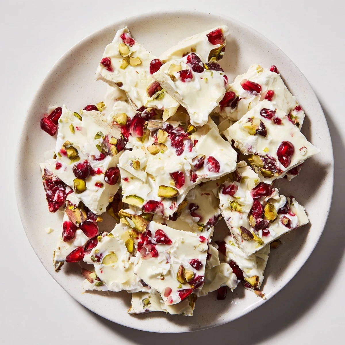 Frozen yogurt bark, bursting with jewel-toned pomegranate and crunchy pistachio pieces.