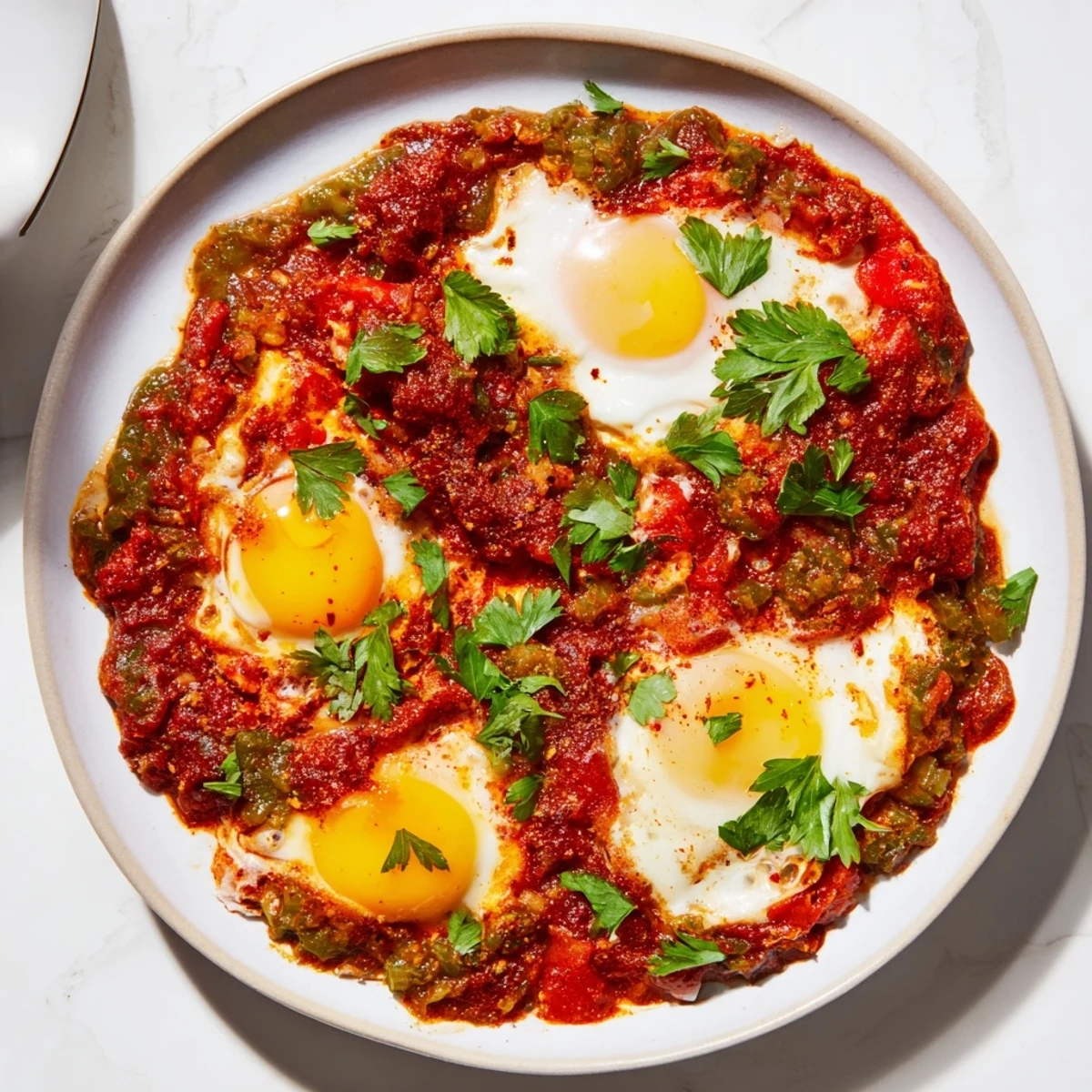 Fresh, flavorful Shakshuka, a Middle Eastern egg dish, garnished with herbs and ready to serve.