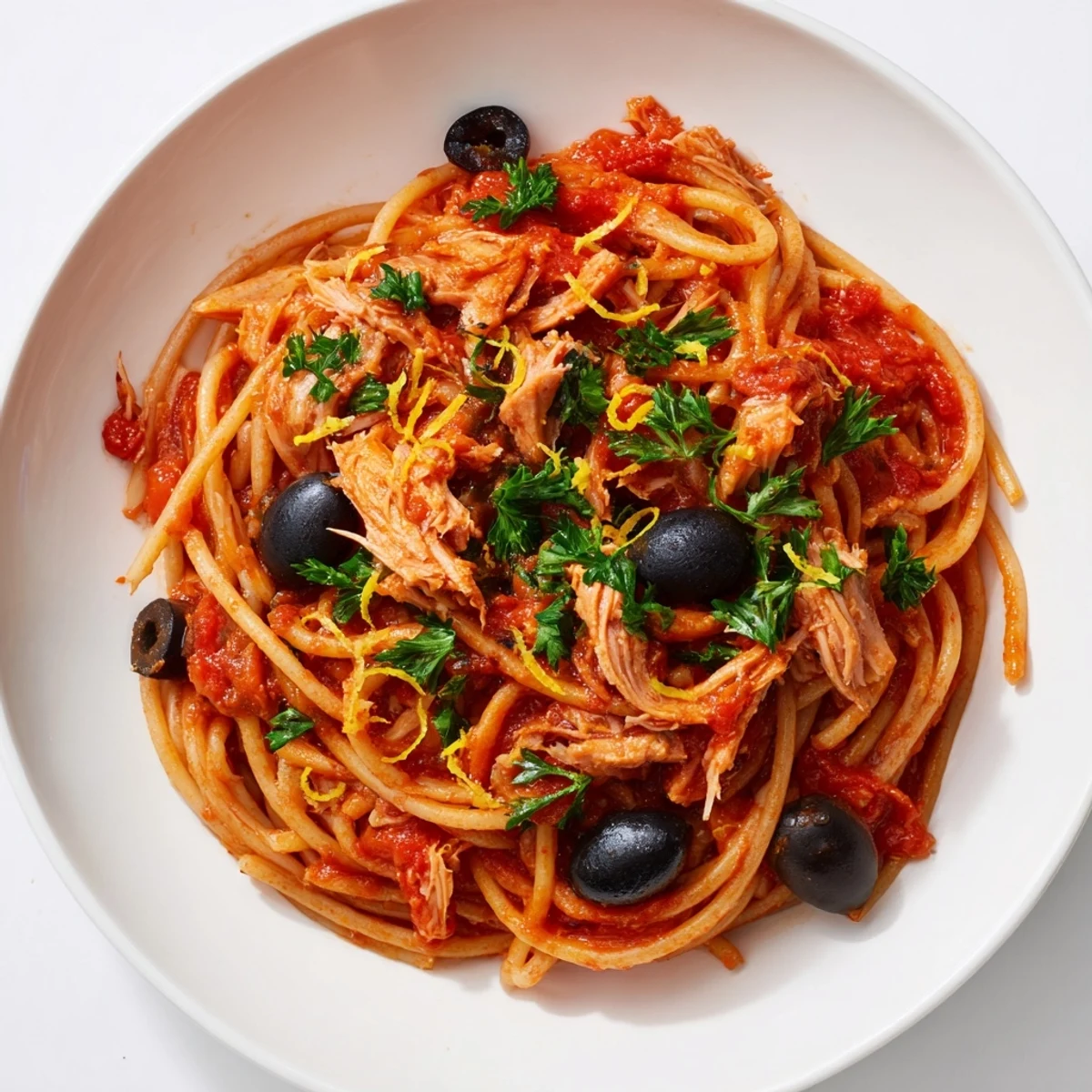 Pasta with Tuna Olives & Capers: A close-up of the flavorful pasta dish before serving, brimming with olives.