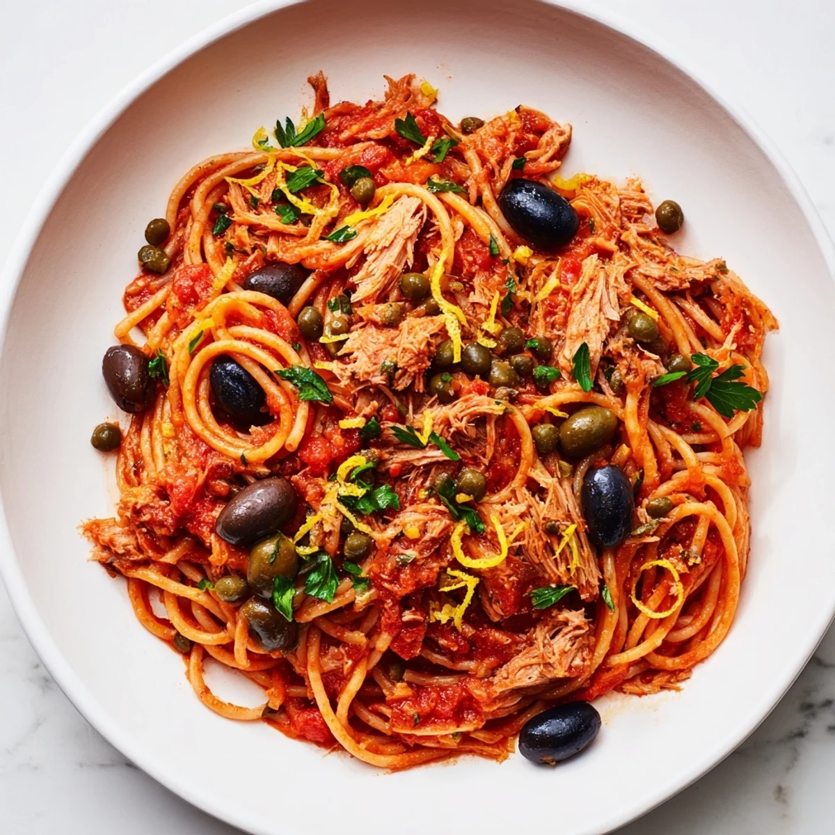 Delicious Pasta with Tuna, Olives & Capers: Enjoy a forkful of this tangy, Mediterranean pasta meal.