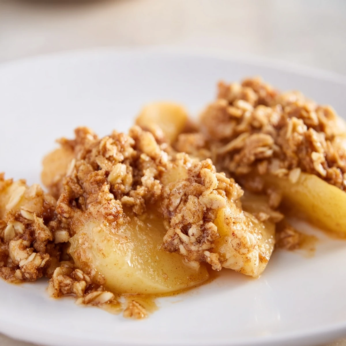 Golden-brown Apple Crisp with frozen apples, bubbling fruit beneath a crispy oat topping.
