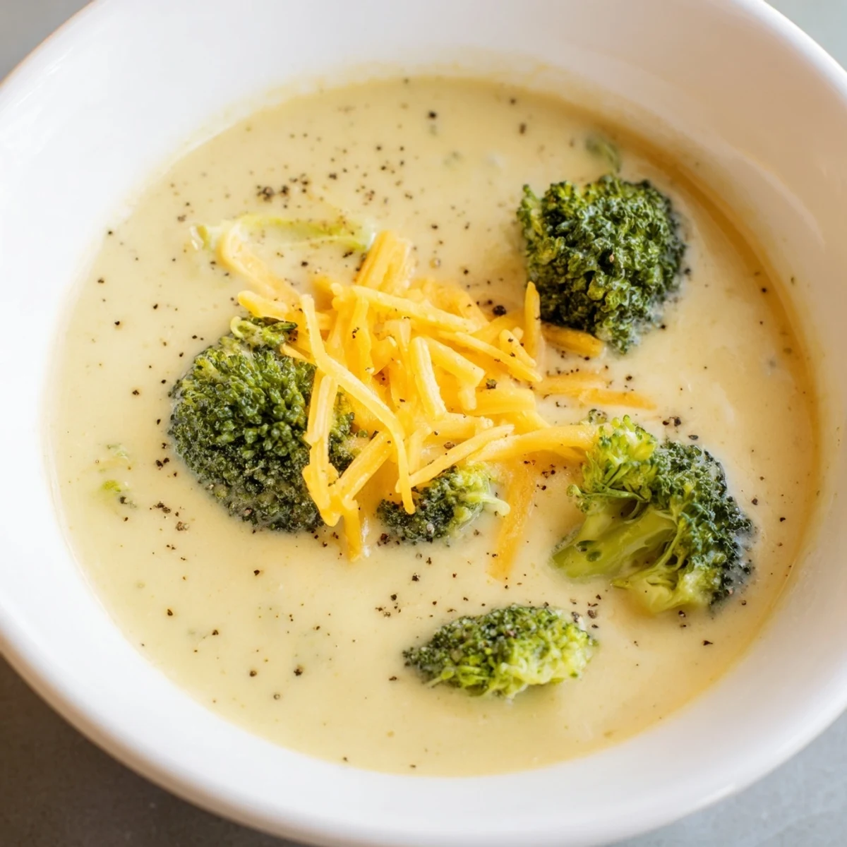 Steaming bowl of Broccoli Cheese Soup with melted cheddar, perfect for a cozy, comforting meal.