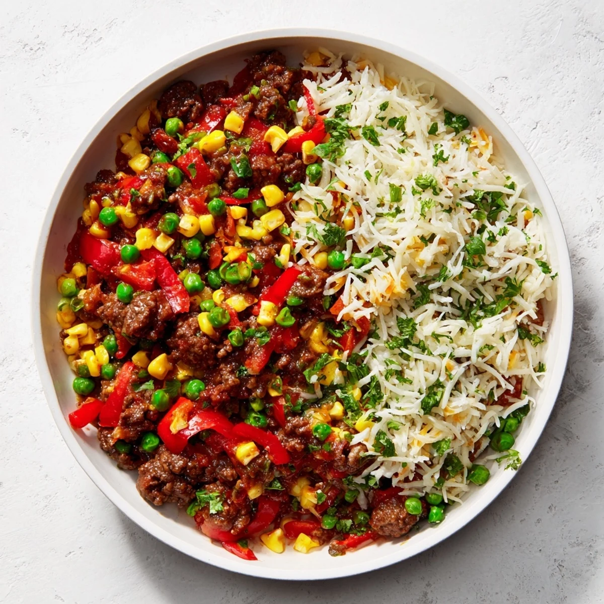 A bubbling Ground Beef Skillet with Veggies & Rice, a home-cooked, flavorful American classic.