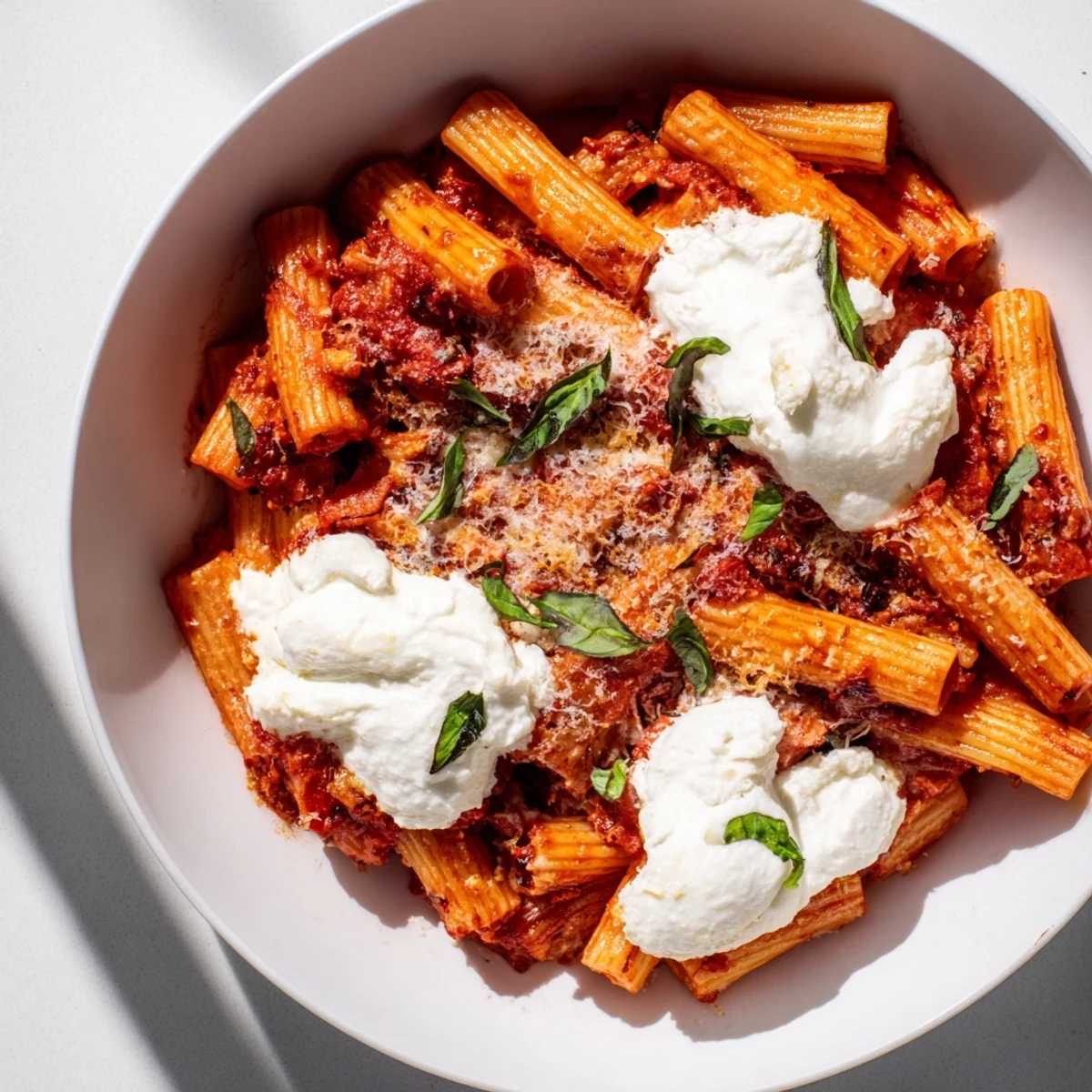 Golden, bubbly One-Pan Baked Ziti, showcasing melted cheese over tender pasta and rich tomato sauce.